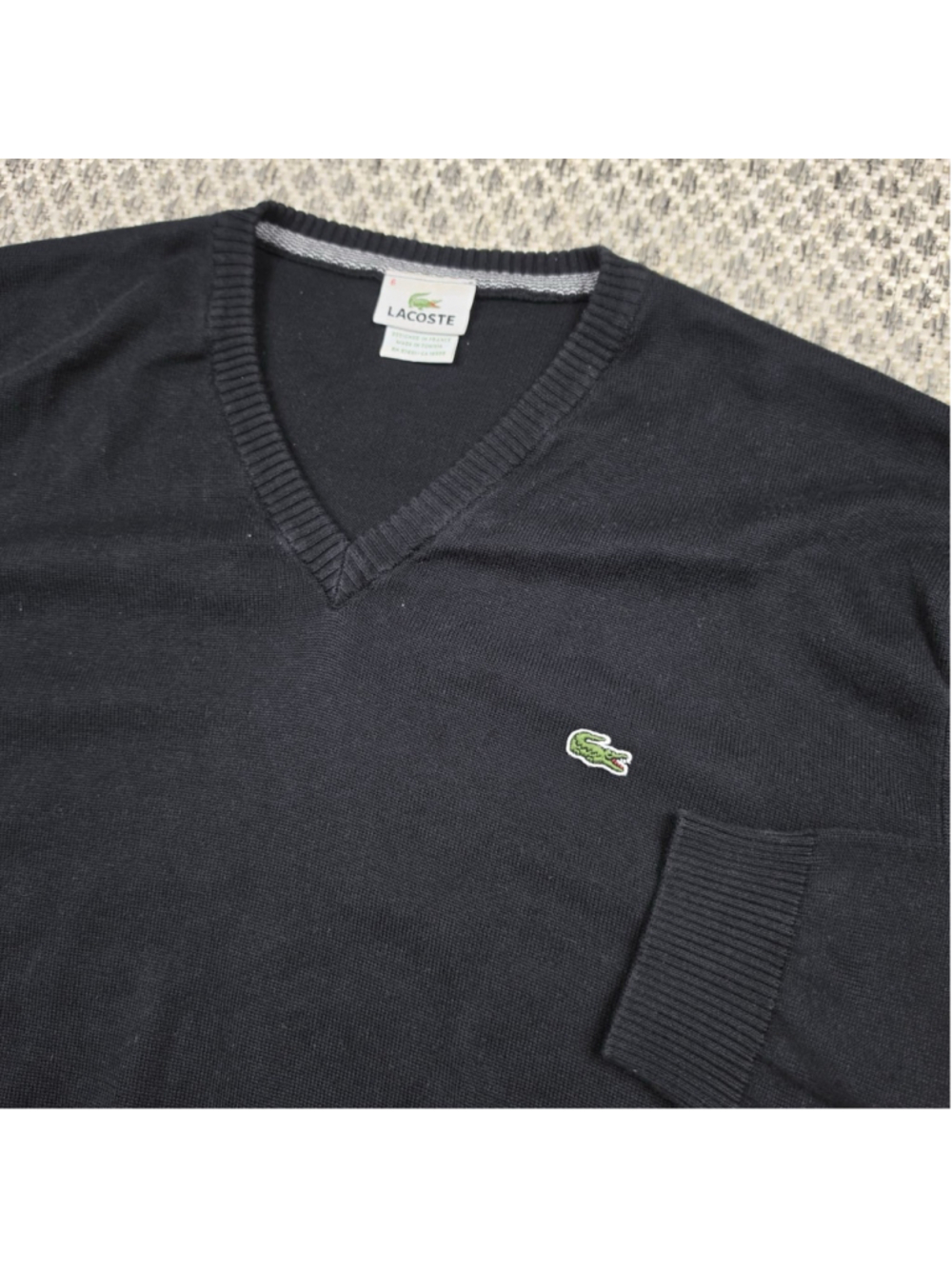 Lacoste V Neck Sweater Mens Size 6 Black Cotton Pullover Crocodile Logo